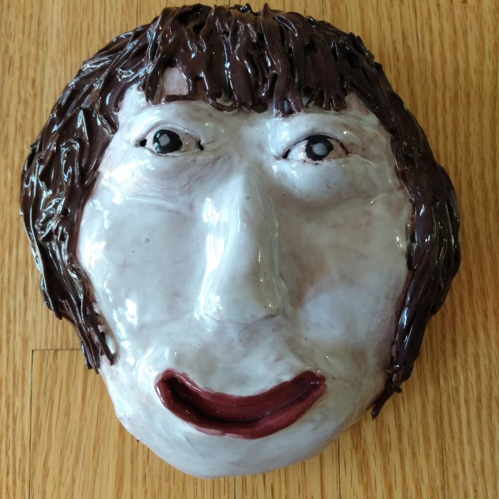 Vintage Clay Face Pottery Sculpture Brown Spaghetti Hair Handmade Folk Art